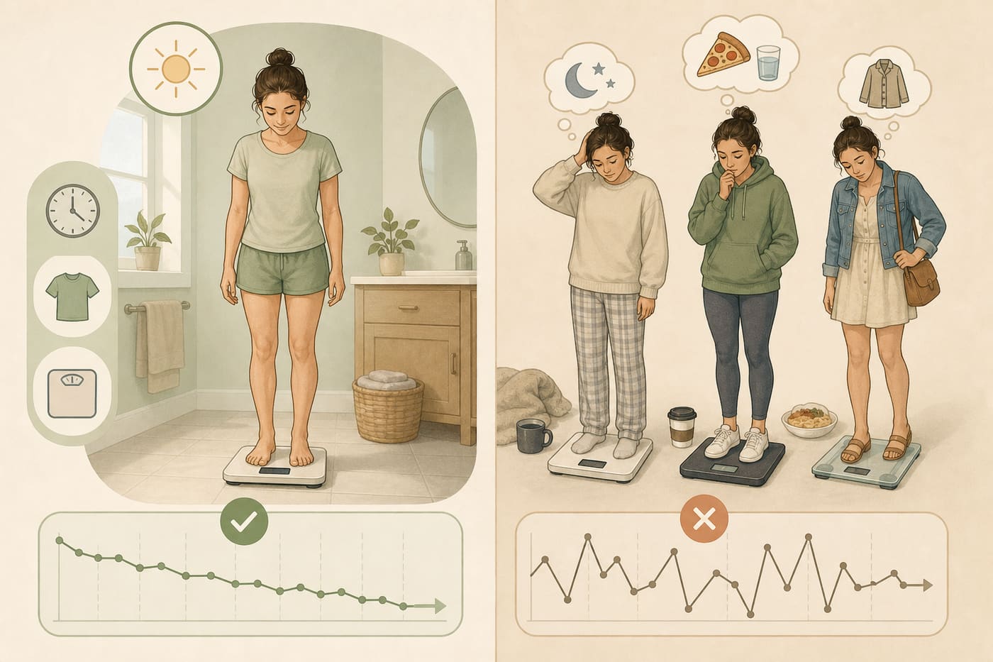 Illustration contrasting consistent morning weigh-ins with chaotic multi-condition scale use