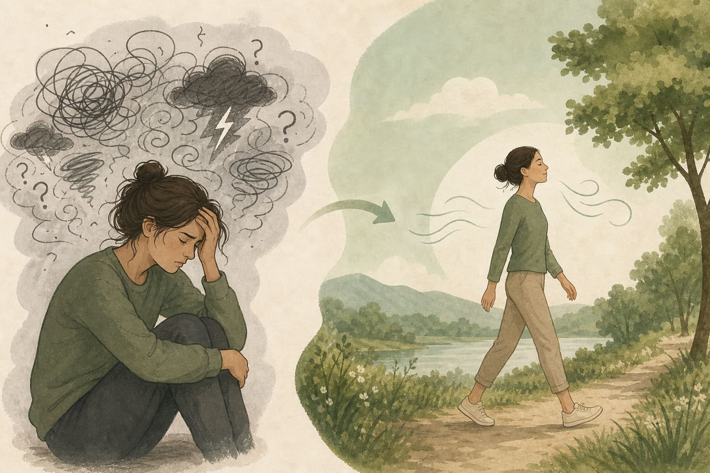 Illustration of racing thoughts and tension versus calm breathing and outdoor walk