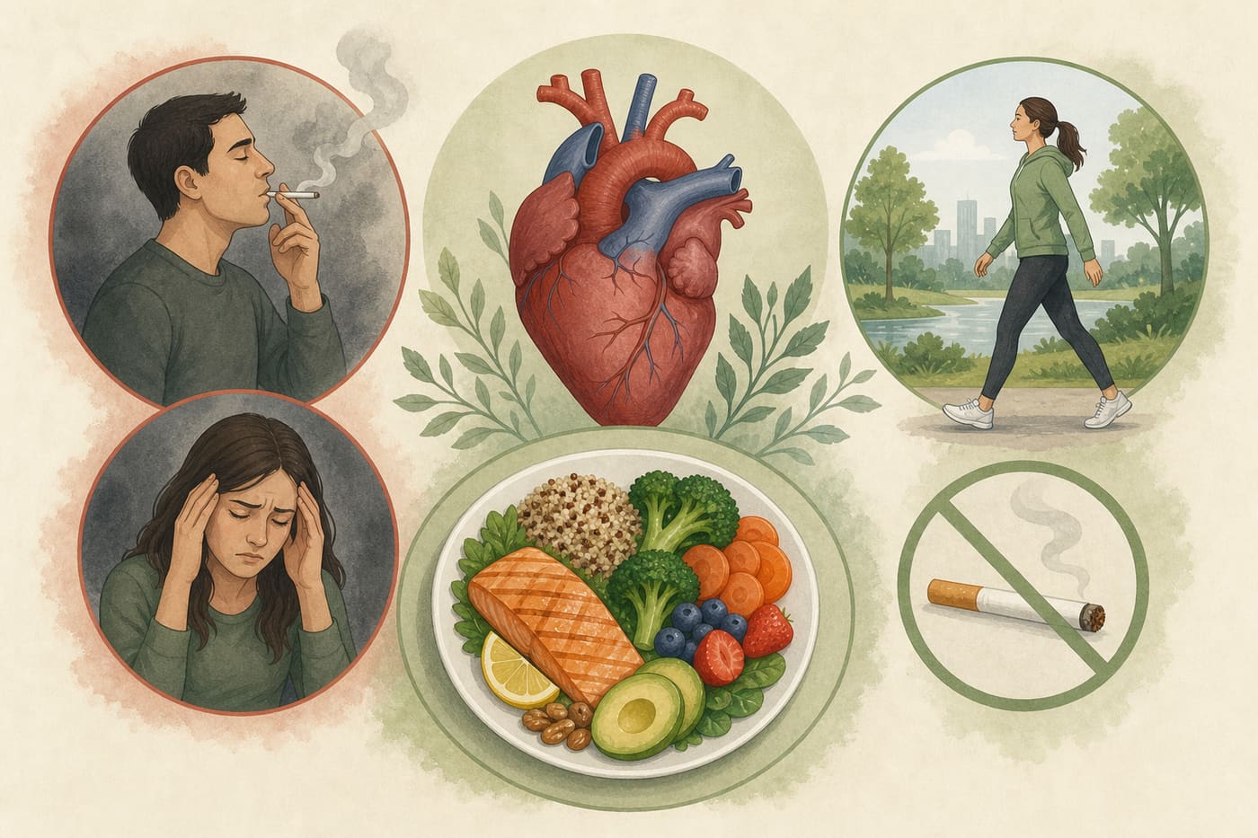 Illustration of heart risk factors versus walking, smoke-free, and heart-healthy plate