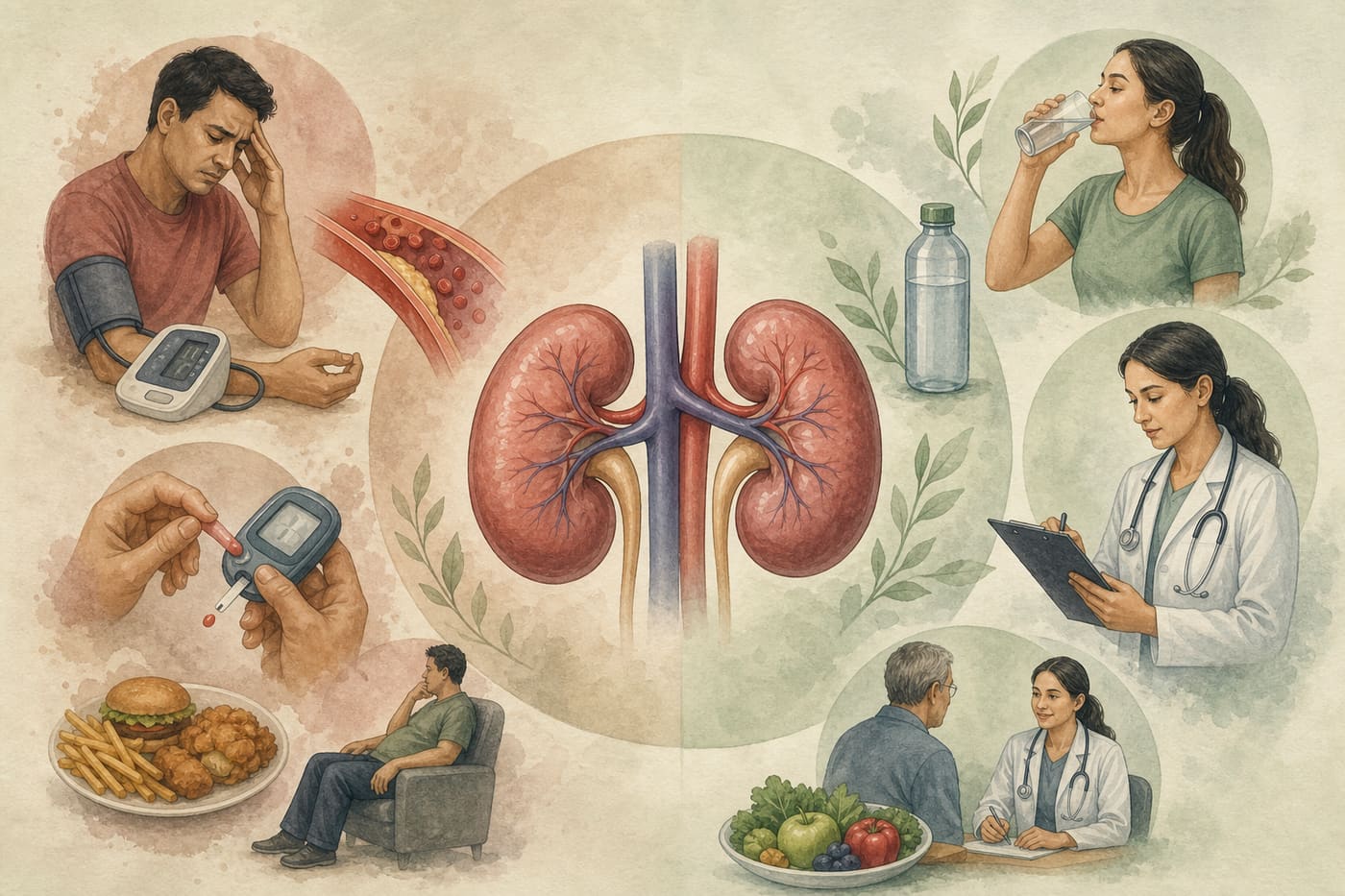 Illustration of kidney health awareness versus uncontrolled blood pressure and sugar