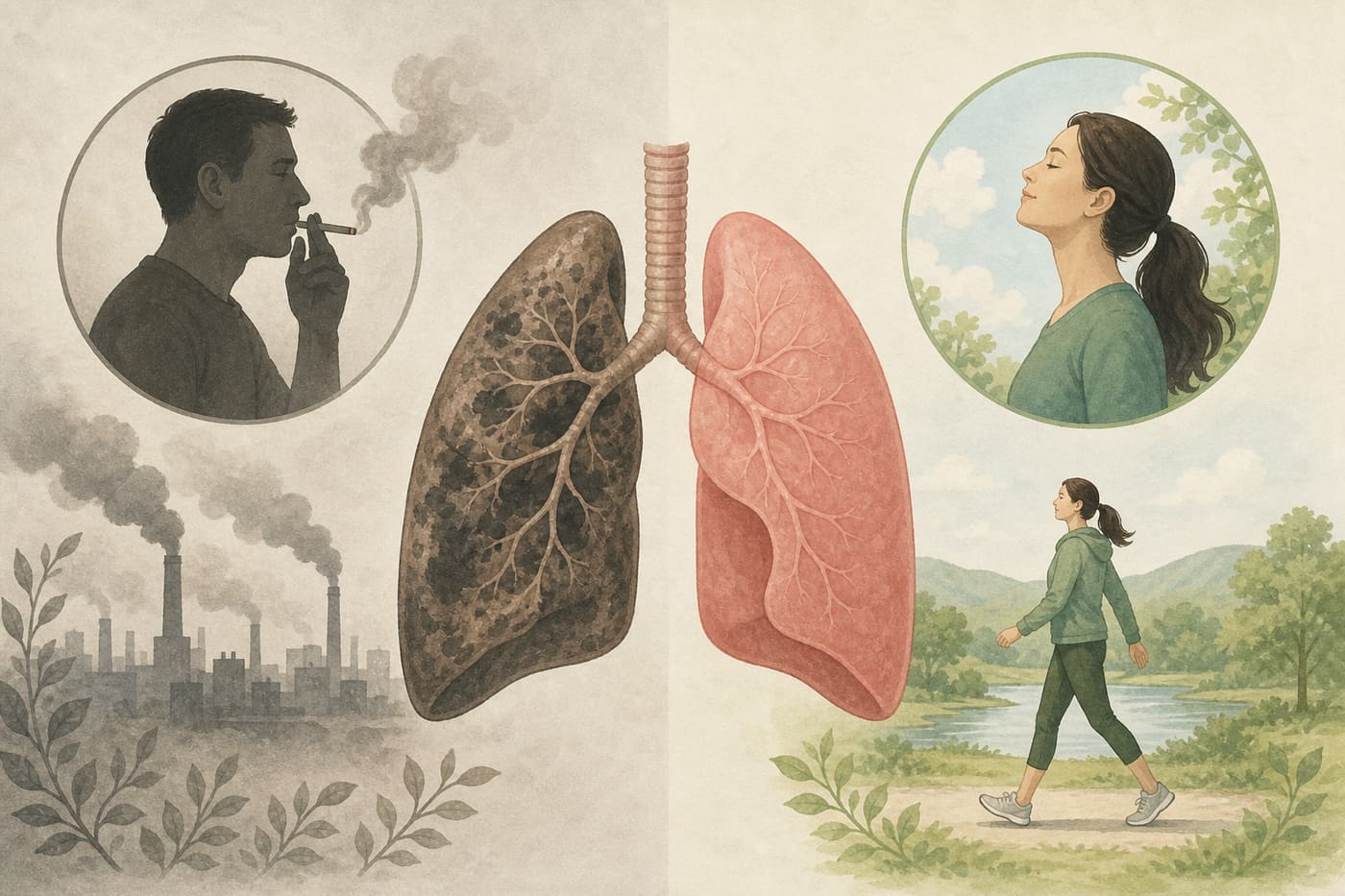 Illustration of smoking lung risk versus smoke-free air and walking pulmonary rehab concept
