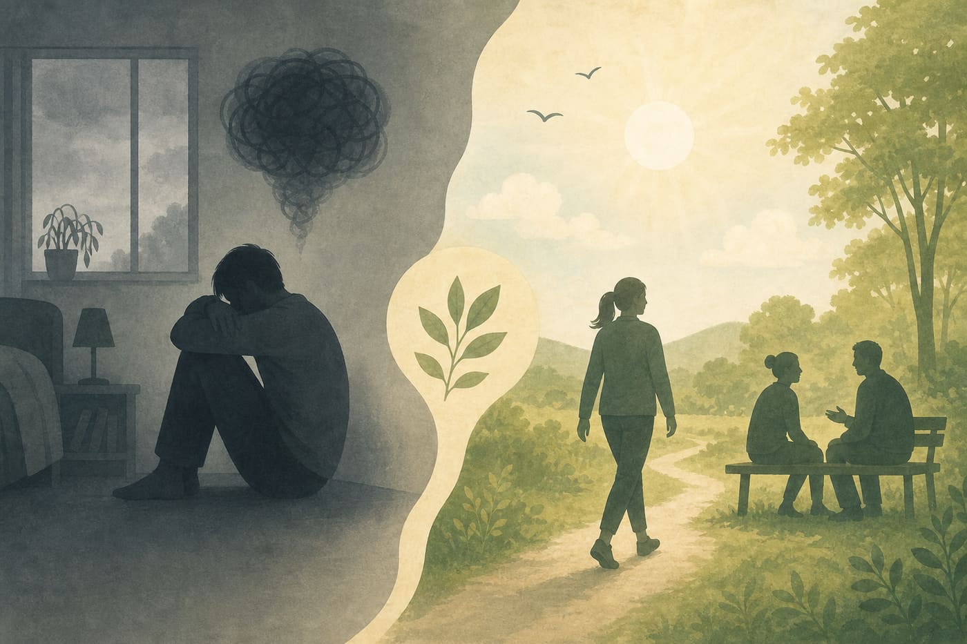 Illustration of isolation and low energy versus walking, daylight, and supportive conversation