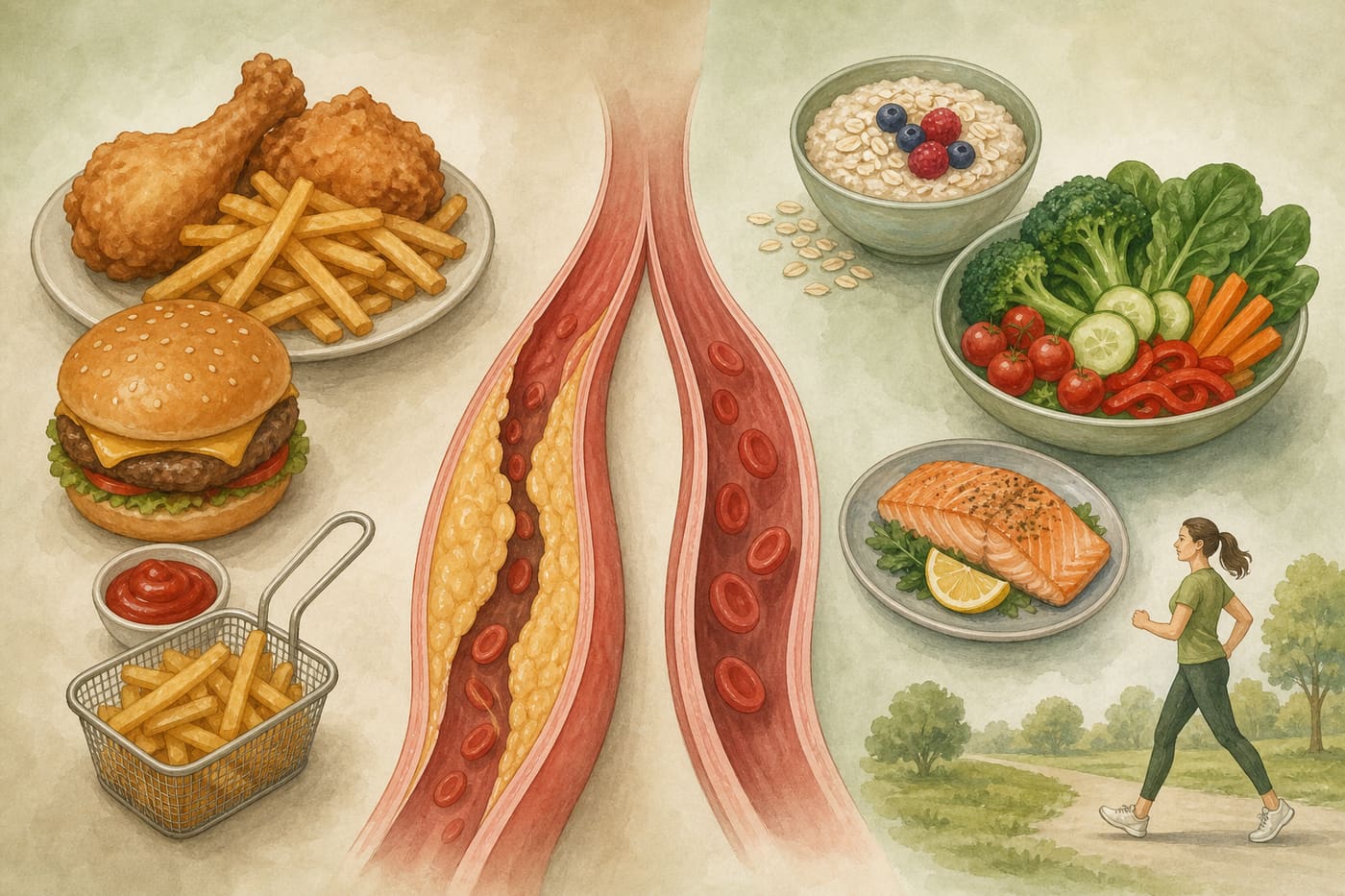 Illustration of lipid risk foods versus fiber-rich plate and activity