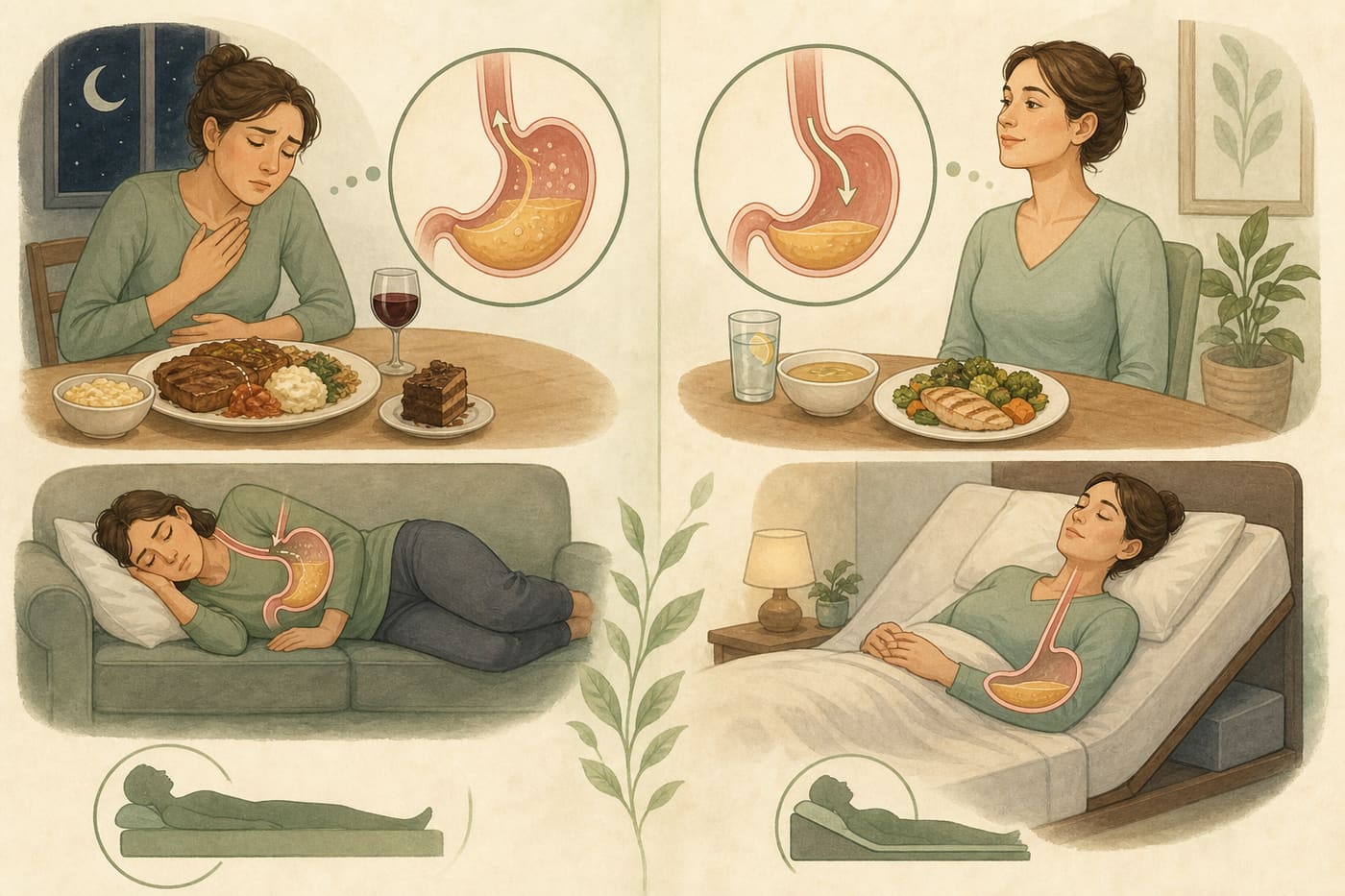 Illustration of late heavy meal and reclining versus earlier dinner and upright posture