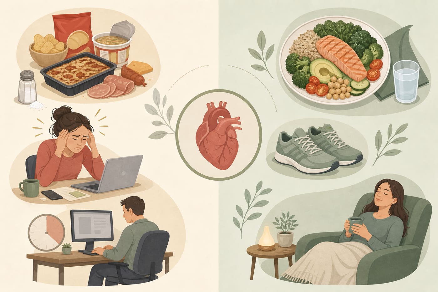 Illustration contrasting high-sodium stress habits with heart-healthy food and walking