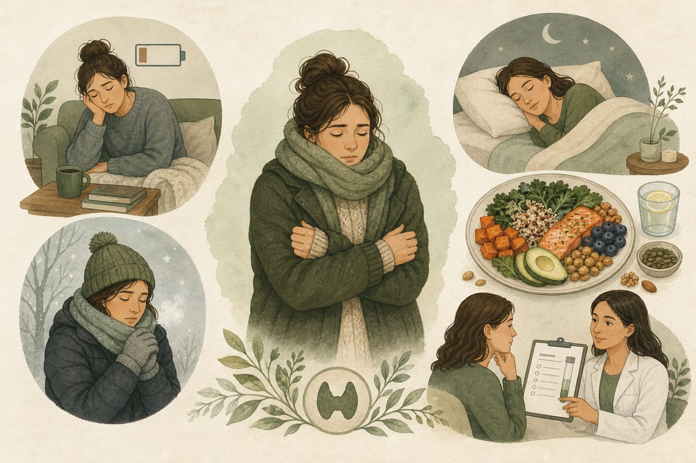 Illustration of fatigue and cold sensitivity contrasted with sleep, nutrient-dense food, and lab clipboard