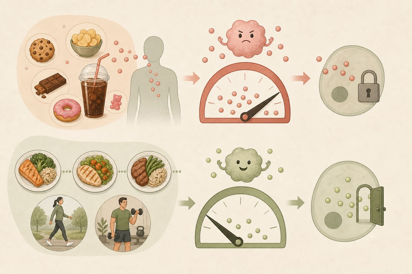Illustration of frequent snacking versus meal spacing, walking, and strength habits
