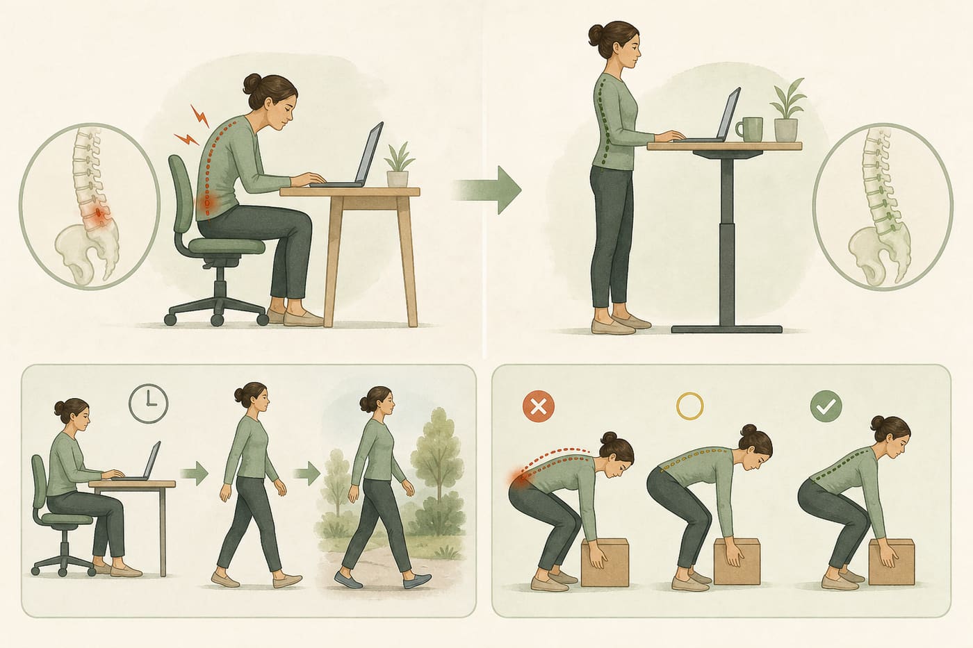 Illustration of prolonged sitting back strain versus walking and hip-hinge movement