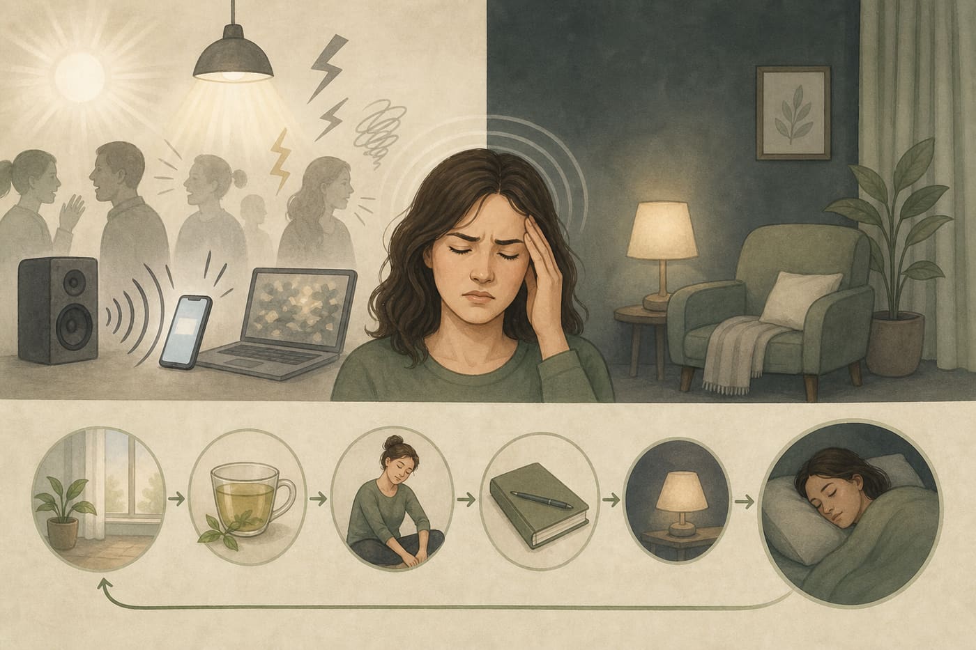 Illustration of migraine sensory overload versus dark quiet rest and consistent sleep