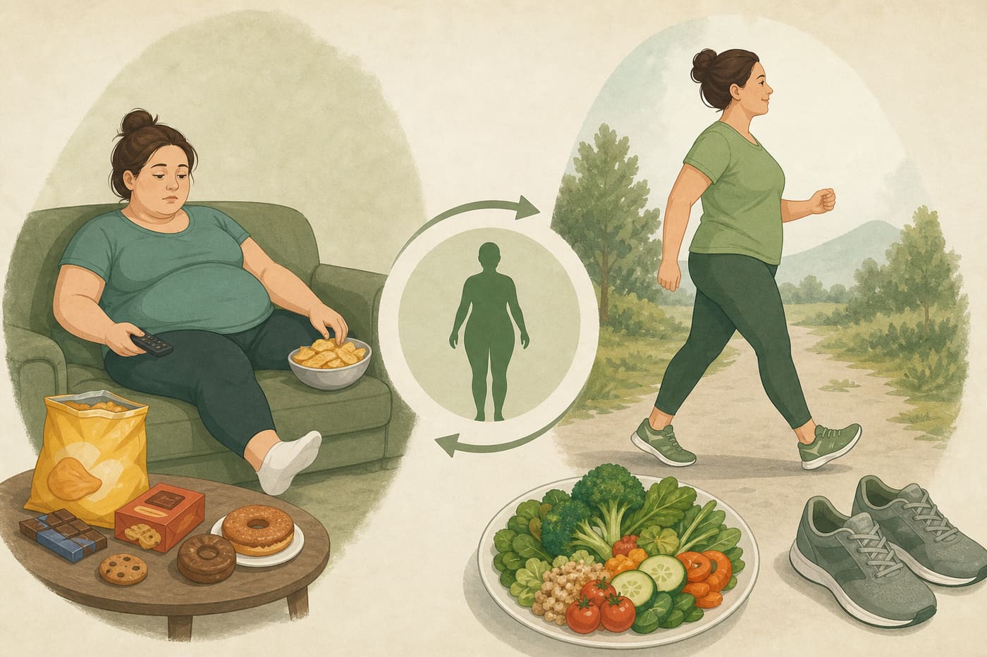 Illustration of excess weight risk versus walking and whole-food habits