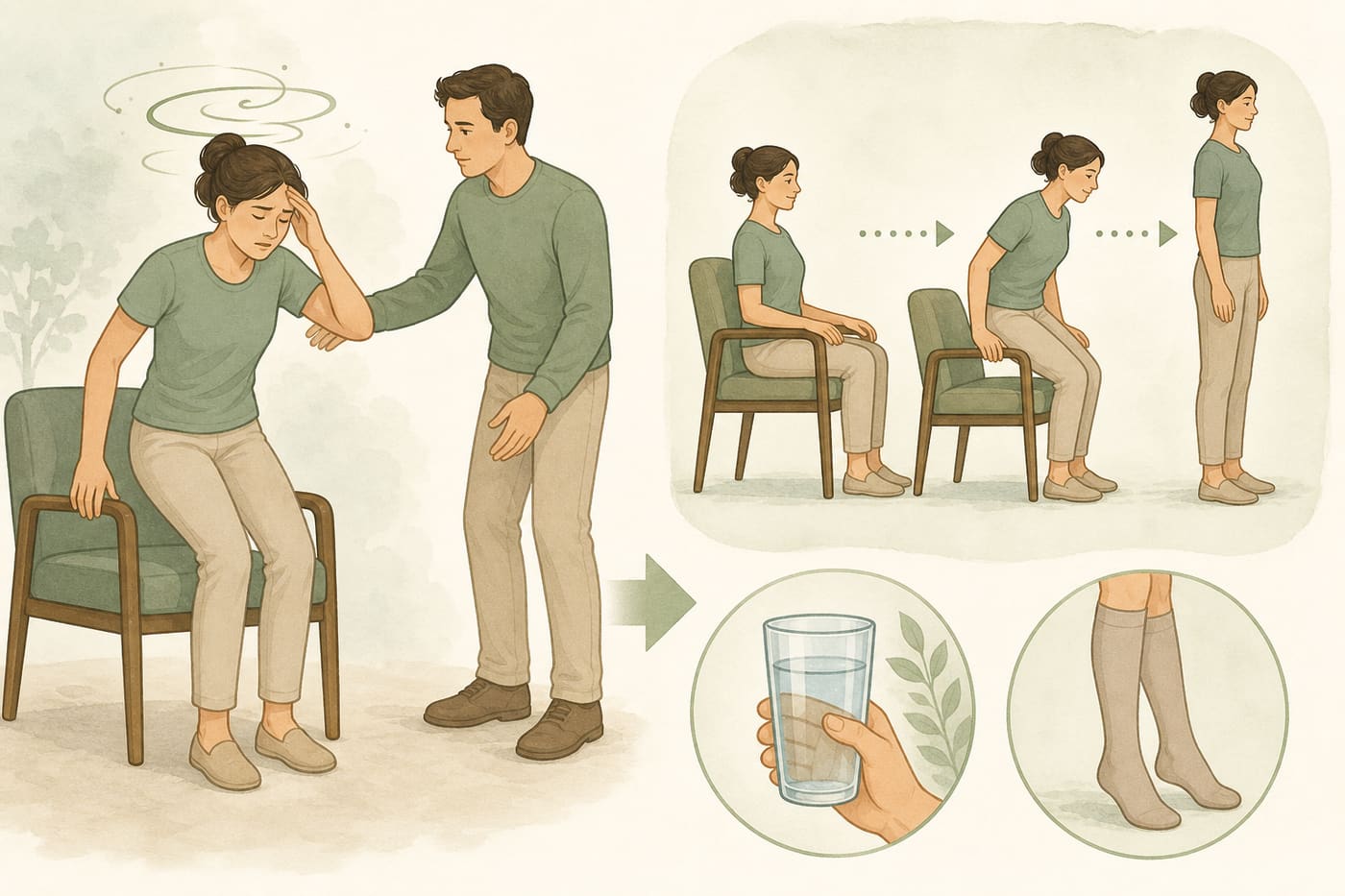 Illustration of dizziness on standing with support nearby versus slow rise and hydration
