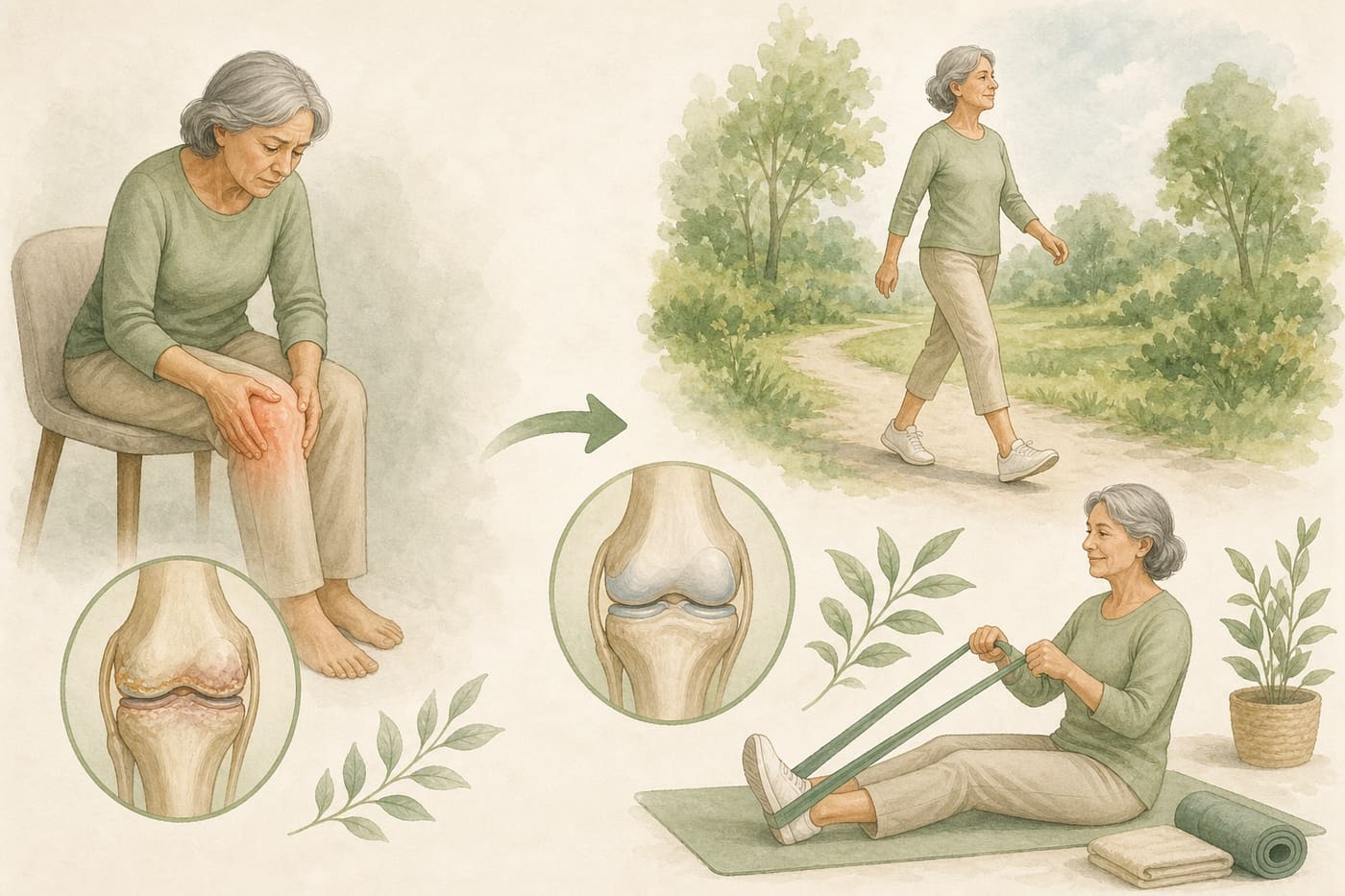 Illustration of joint pain and stiffness versus gentle movement and strength