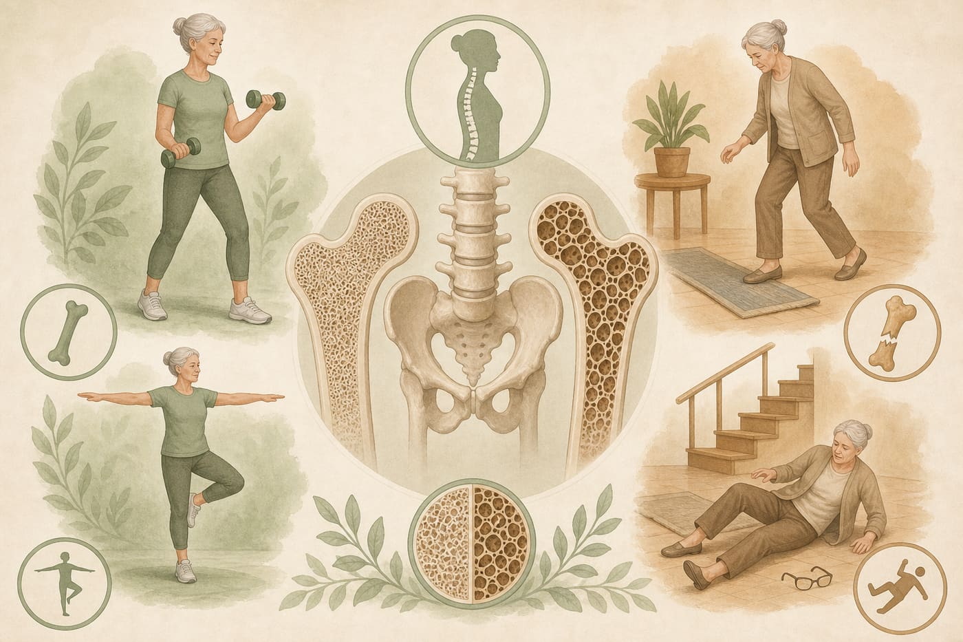 Illustration of bone health with strength training and calcium-rich foods versus falls risk