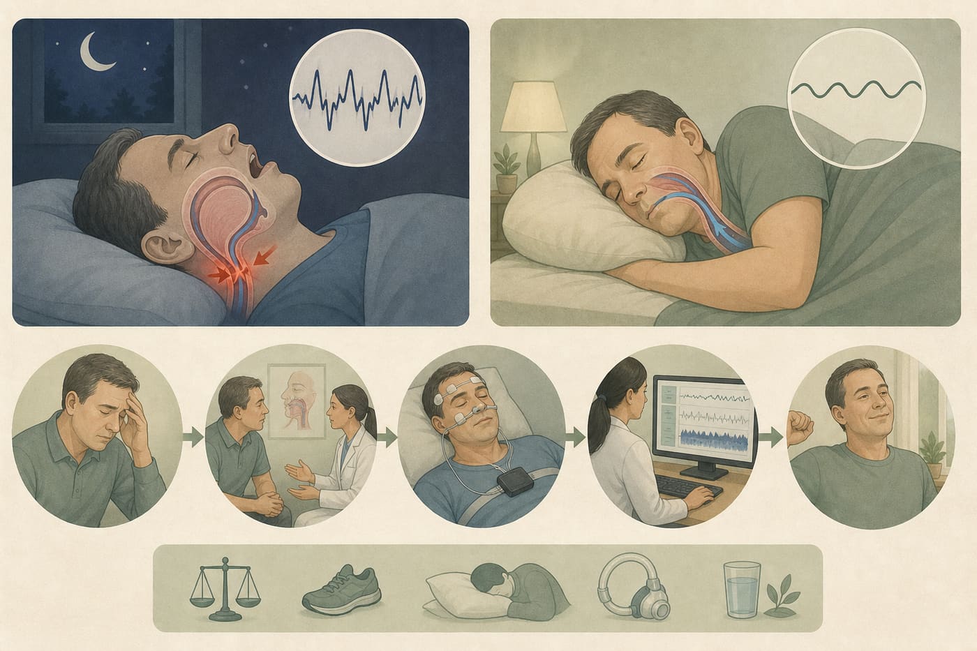 Illustration of disrupted sleep breathing versus side sleeping and clinical evaluation path