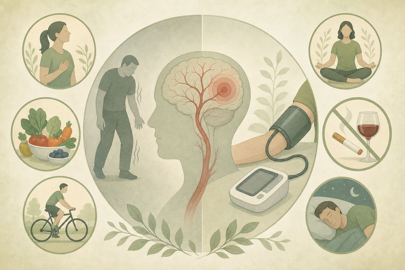 Illustration of FAST stroke warning concept versus blood pressure and lifestyle prevention