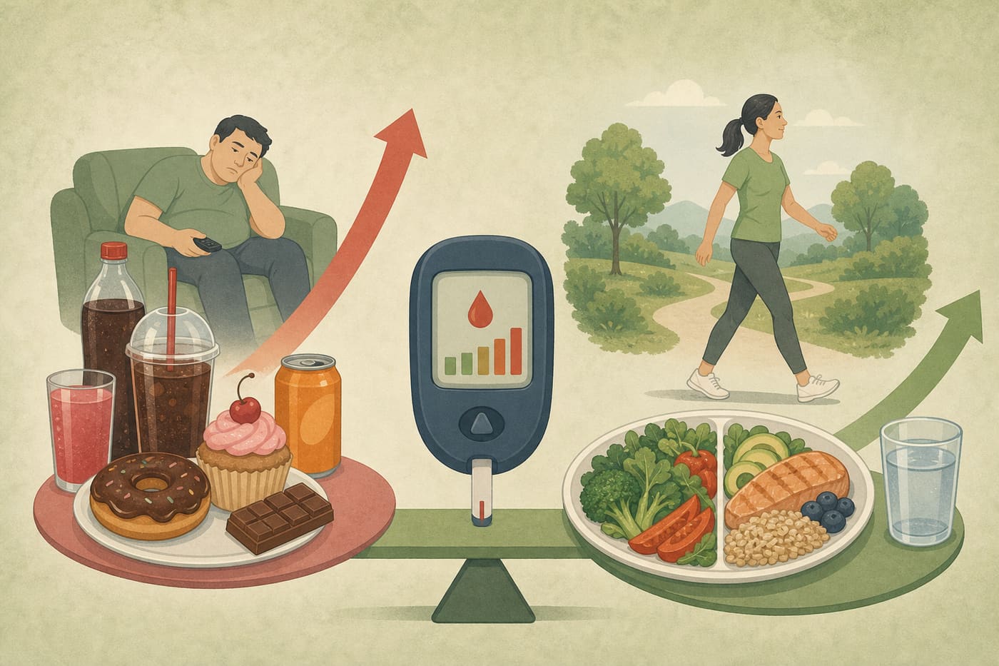 Illustration of blood sugar management habits versus sugary drinks and inactivity