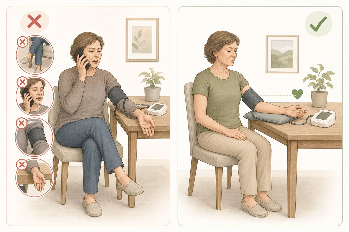 Diagram comparing incorrect home BP habits (crossed legs, phone use, cuff over sleeve, unsupported arm) with correct seated technique