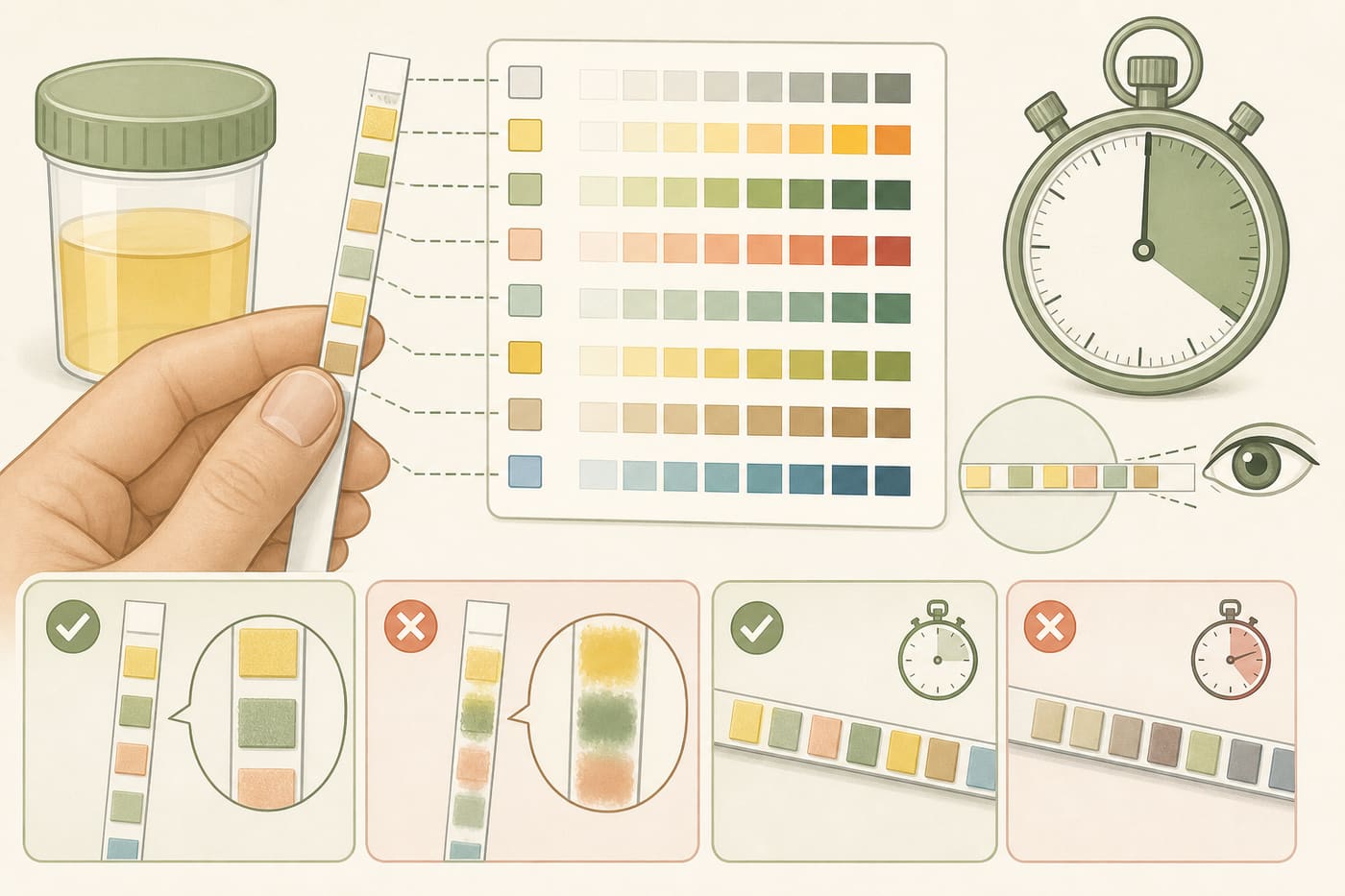 Illustration of a multistix urine strip beside a color chart silhouette and stopwatch emphasizing timed reading