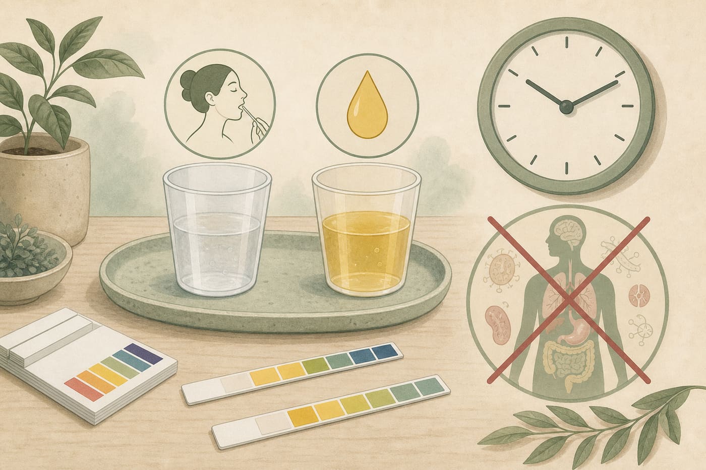 Illustration of DIY saliva and urine pH strips with a clock for timing and a crossed-out disease chart