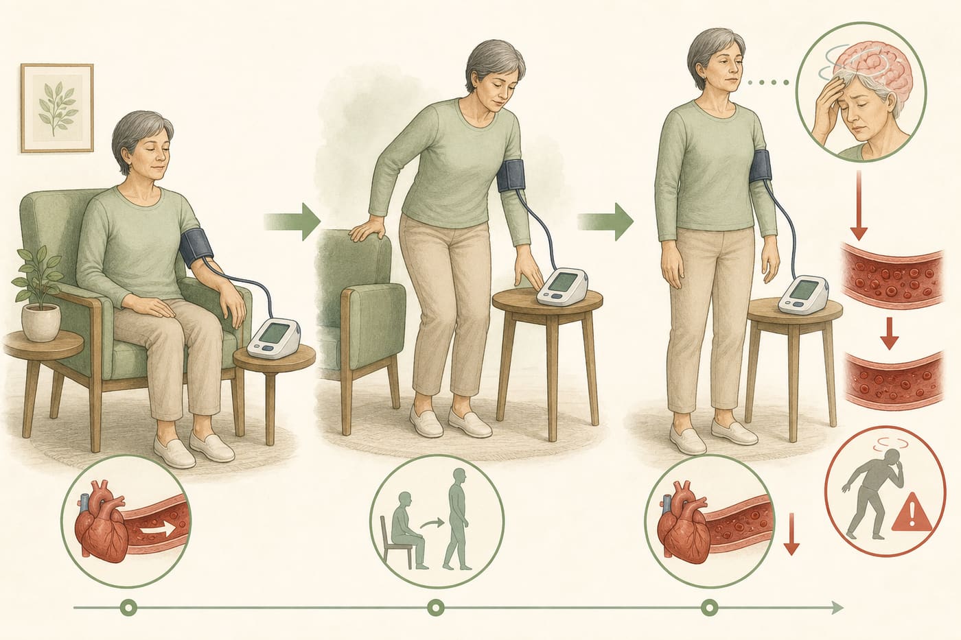 Sequence illustration of seated blood pressure then careful standing measurement with support nearby